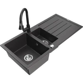 Granitový dřez Mexen Andres granitový dřez 1,5-komorový s odkapávačem a kuchyňskou baterií Elia, černý s tečkami - 6515-76-670101-70 Granitové dřezy s baterií