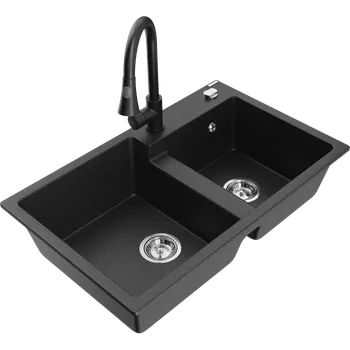 Granitový dřez Mexen Tomas granitový dřez 2-komorový s kuchyňskou baterií Elia, černý/stříbrný metalik - 6516-73-670101-70 Granitové dřezy s baterií