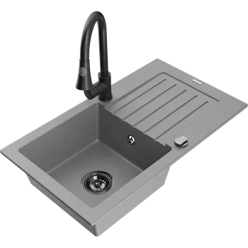 Granitový dřez Mexen Pablo granitový dřez 1-komorový s odkapávačem a kuchyňskou baterií Elia, šedý - 6510-71-670101-70-B Granitové dřezy s baterií