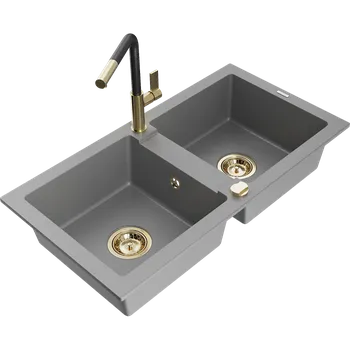 Granitový dřez Mexen Mario granitový dřez dvoukomorový s kuchyňskou baterií Flora, šedý - 6504-71-670401-57-G Granitové dřezy s baterií