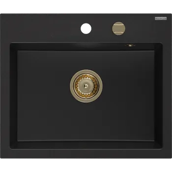 Granitový dřez Mexen Oscar granitový dřez 1-komorový 580 x 490 mm, černý, zlatý sifon - 6519581000-77-G Granitové dřezy