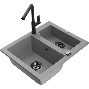 Granitový dřez Mexen Carlos žulový dřez 1,5-komorový s kuchyňskou baterií Flora, šedý - 6518-71-670401-70-B Granitové dřezy s baterií