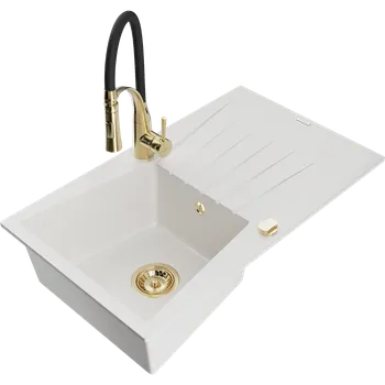 Granitový dřez Mexen Cesar granitový kuchyňský dřez s 1 komorou, odkapávačem a kuchyňskou baterií Aster, bílý - 6514-20-73450-57-G Granitové dřezy s baterií