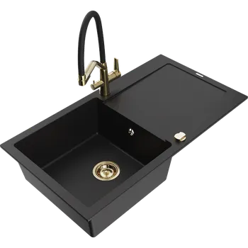 Granitový dřez Mexen Leo granitový jednodřez s odkapávačem a kuchyňskou baterií Duo, černý - 6501-77-671701-57-G Granitové dřezy s baterií