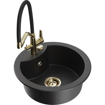 Granitový dřez Mexen Diego granitový dřez 1-komorový s kuchyňskou baterií Duo, černý/stříbrný metalik - 6512-73-671701-57-G Granitové dřezy s baterií