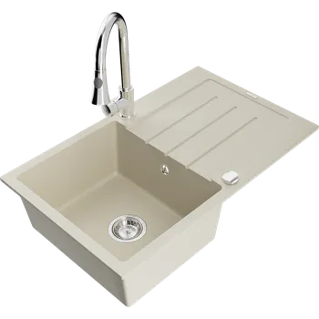 Granitový dřez Mexen Bruno granitový dřez 1-komorový s odkapávačem a kuchyňskou baterií Elia, béžový - 6513-69-670101-00 Granitové dřezy s baterií