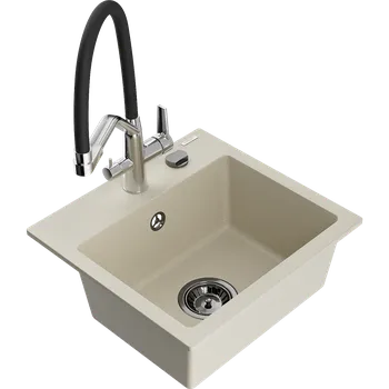 Granitový dřez Mexen Milo granitový jednodřez s kuchyňskou baterií Duo, béžový - 6505-69-671701-07-B Granitové dřezy s baterií