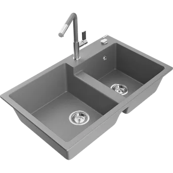 Granitový dřez Mexen Tomas granitový dřez s 2 komorami s kuchyňskou baterií Flora, šedá - 6516-71-670401-06 Granitové dřezy s baterií