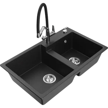 Granitový dřez Mexen Tomas dřez granitový 2-komorový s kuchyňskou baterií Duo, černý/stříbrný metalik - 6516-73-671701-07 Granitové dřezy s baterií