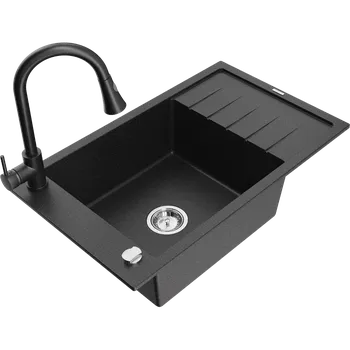 Granitový dřez Mexen Elias granitový dřez s 1 komorou, odkapávačem a kuchyňskou baterií Elia, černý/stříbrný metalik - 6511-73-670101-70 Granitové dřezy s baterií