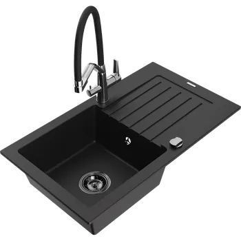 Granitový dřez Mexen Pablo žulový dřez s 1 komorou a odkapávačem a kuchyňskou baterií Duo, černý - 6510-77-671701-07-B Granitové dřezy s baterií