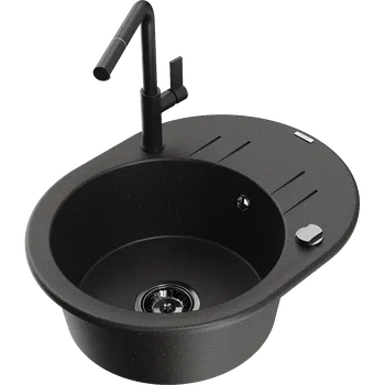 Granitový dřez Mexen Kevin žulový dřez 1-komorový s odkapávačem a kuchyňskou baterií Flora, černo/zlatý metalík - 6517-75-670401-70-B Granitové dřezy s baterií