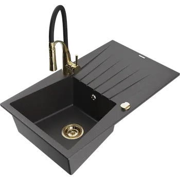 Granitový dřez Mexen Cesar granitový dřez 1-komorový s odkapávačem a kuchyňskou baterií Aster, černý s tečkami - 6514-76-73450-57-G Granitové dřezy s baterií