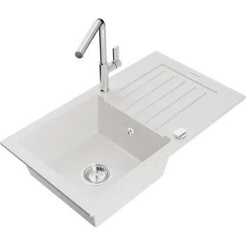 Granitový dřez Mexen Pablo granitový dřez 1-komorový s odkapávačem a kuchyňskou baterií Flora, bílý - 6510-20-670401-00 Granitové dřezy s baterií