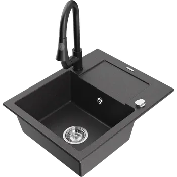 Granitový dřez Mexen Enzo granitový dřez 1-komorový s odkapávačem a kuchyňskou baterií Elia, černý skvrnitý - 6506-76-670101-70 Granitové dřezy s baterií