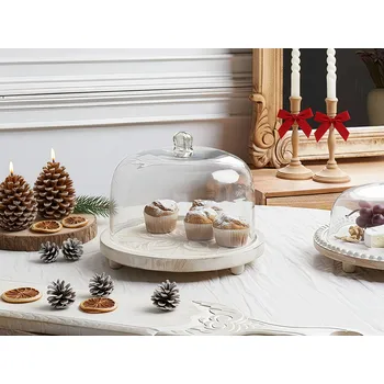 Stojan na dort s víkem světle hnědé mangové dřevo skleněný 29 x 29 x 23 cm dekorativní servírovací podnos dortový kopulovitý držák na pečivo Beliani