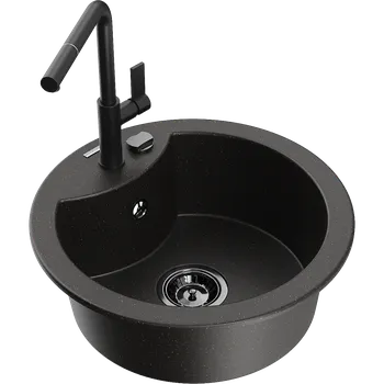 Granitový dřez Mexen Diego granitový dřez 1-komorový s kuchyňskou baterií Flora, černý/zlatý metalik - 6512-75-670401-70-B Granitové dřezy s baterií