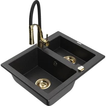 Granitový dřez Mexen Carlos granitový dřez 1,5-komorový s kuchyňskou baterií Aster, černý/stříbrný metalík - 6518-73-73450-57-G Granitové dřezy s baterií