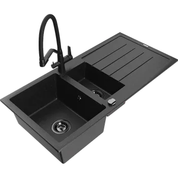 Granitový dřez Mexen Andres granitový dřez 1,5-komorový s odkapávačem a kuchyňskou baterií Duo, černý/stříbrný - 6515-73-671701-70-B Granitové dřezy s baterií