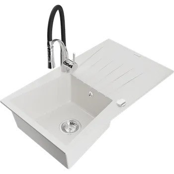 Granitový dřez Mexen Cesar žulový dřez 1-komorový s odkapávačem a kuchyňskou baterií Aster, bílý - 6514-20-73450-07 Granitové dřezy s baterií