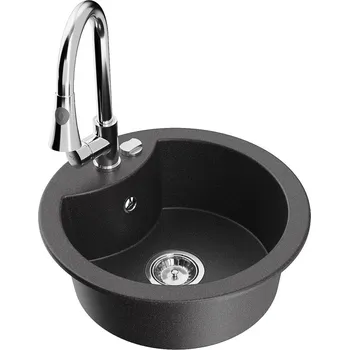 Granitový dřez Mexen Diego granitový dřez s 1 komorou a kuchyňskou baterií Elia, černý s tečkami - 6512-76-670101-00 Granitové dřezy s baterií