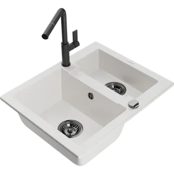 Granitový dřez Mexen Carlos granitový dřez 1,5-komorový s kuchyňskou baterií Flora, bílý - 6518-20-670401-70-B Granitové dřezy s baterií