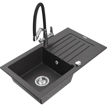 Granitový dřez Mexen Pablo granitový dřez 1-komorový s odkapávačem a kuchyňskou baterií Duo, černý tečkovaný - 6510-76-671701-07 Granitové dřezy s baterií