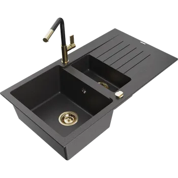 Granitový dřez Mexen Matias kameninový dřez s 1,5 komorou a odkapávačem a kuchyňskou baterií Flora, černý skvrnitý - 6502-76-670401-57-G Granitové dřezy s baterií