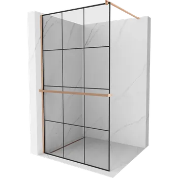 Mexen Kioto+ sprchová stěna s policí Walk-in 100 x 200 cm, černá mřížka, kartáčovaná měď - 800-100-121-65-77 Sprchové stěny