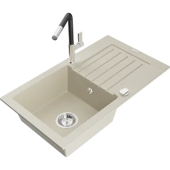 Granitový dřez Mexen Pablo granitový dřez jednokomorový s odkapávačem a kuchyňskou baterií Flora, béžový - 6510-69-670401-07 Granitové dřezy s baterií