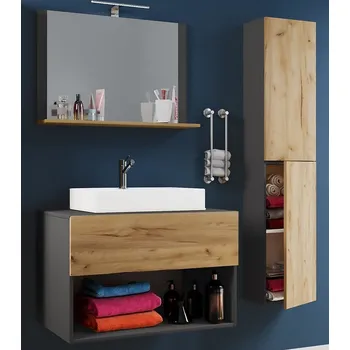 Koupelnový nábytek Vcm 4dílná umyvadlová skříňka Lendas II 80 cm včetně zrcadla a vysoké skříňky, antracitová