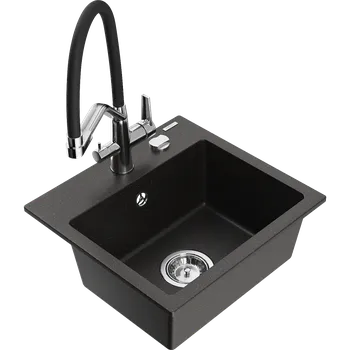 Granitový dřez Mexen Milo granitový dřez 1-komorový s kuchyňskou baterií Duo, černý/zlatý metalík - 6505-75-671701-07 Granitové dřezy s baterií