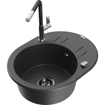 Granitový dřez Mexen Kevin granitový dřez jednokomorový s odkapávačem a kuchyňskou baterií Flora, černý tečkovaný - 6517-76-670401-07-B Granitové dřezy s baterií