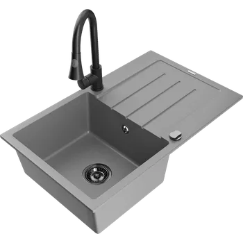 Granitový dřez Mexen Bruno granitový dřez 1-komorový s odkapávačem a kuchyňskou baterií Elia, šedý - 6513-71-670101-70-B Granitové dřezy s baterií