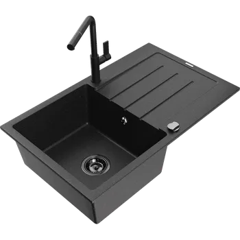 Granitový dřez Mexen Bruno granitový dřez s odkapávačem a kuchyňskou baterií Flora, černý/stříbrný metalik - 6513-73-670401-70-B Granitové dřezy s baterií