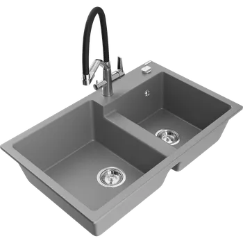Mexen Tomas dřez granitový 2-komorový s kuchyňskou baterií Duo, šedý - 6516-71-671701-07 Granitové dřezy s baterií