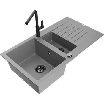 Granitový dřez Mexen Matias granitový dřez 1,5-komorový s odkapávačem a kuchyňskou baterií Flora, šedý - 6502-71-670401-70-B Granitové dřezy s baterií
