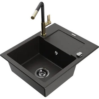 Granitový dřez Mexen Enzo granitový dřez jednodřez s odkapávačem a kuchyňskou baterií Flora, černý/zlatý metalický - 6506-75-670401-57-B Granitové dřezy s baterií