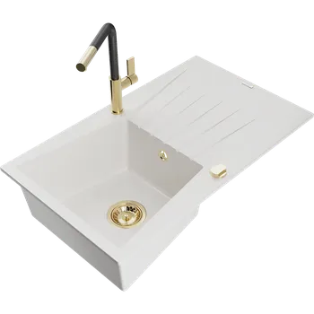 Granitový dřez Mexen Cesar granitový kuchyňský dřez 1-komorový s odkapávačem a kuchyňskou baterií Flora, bílý - 6514-20-670401-57-G Granitové dřezy s baterií