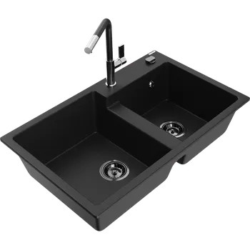 Granitový dřez Mexen Tomas žulový dřez 2-komorový s kuchyňskou baterií Flora, černý - 6516-77-670401-07-B Granitové dřezy s baterií