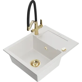 Granitový dřez Mexen Enzo granitový dřez 1-komorový s odkapávačem a kuchyňskou baterií Duo, bílý - 6506-20-671701-57-G Granitové dřezy s baterií