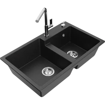 Granitový dřez Mexen Tomas dřez granitový 2-komorový s kuchyňskou baterií Flora, černý/stříbrný metalik - 6516-73-670401-00 Granitové dřezy s baterií