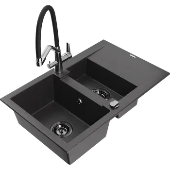 Granitový dřez Mexen Gaspar granitový dřez 1,5-komorový s odkapávačem a kuchyňskou baterií Duo, černý s bílými tečkami - 6507-76-671701-07-B Granitové dřezy s baterií