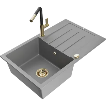 Granitový dřez Mexen Bruno granitový dřez 1-komorový s odkapávačem a kuchyňskou baterií Flora, šedý - 6513-71-670401-57-G Granitové dřezy s baterií