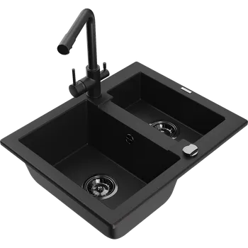 Granitový dřez Mexen Carlos žulový dřez 1,5-komorový s kuchyňskou baterií Duero, černý - 6518-77-671600-70-B Granitové dřezy s baterií