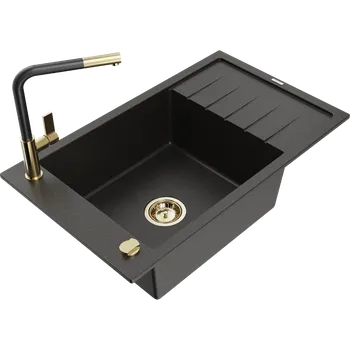 Granitový dřez Mexen Elias granitový dřez s 1 komorou a odkapávačem a kuchyňská baterie Flora, černý/zlatý metalický - 6511-75-670401-57-G Granitové dřezy s baterií