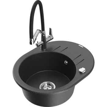 Granitový dřez Mexen Kevin granitový dřez 1-komorový s kuchyňskou baterií Duo, černý skvrnitý - 6517-76-671701-07 Granitové dřezy s baterií