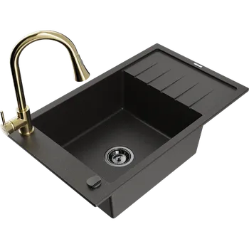 Granitový dřez Mexen Elias granitový dřez s jednou komorou, odkapávačem a kuchyňskou baterií Elia, černý/zlatý metalik - 6511-75-670101-50-B Granitové dřezy s baterií