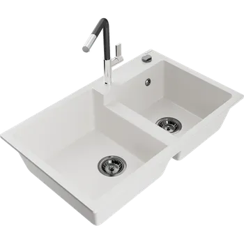 Granitový dřez Mexen Tomas dřez žulový 2-komorový s kuchyňskou baterií Flora, bílý - 6516-20-670401-07-B Granitové dřezy s baterií