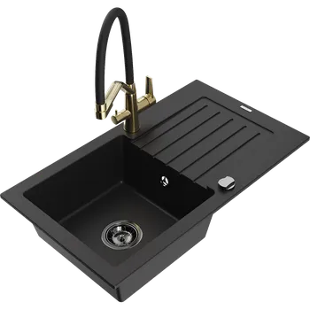 Granitový dřez Mexen Pablo žulový dřez 1-komorový s odkapávačem a kuchyňskou baterií Duo, černý - 6510-77-671701-57-B Granitové dřezy s baterií